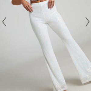 SHOWPO DELIZA HIGH WAISTED SEQUINS FLARE PANTS IN IRIDESCENT WHITE SIZE US 6